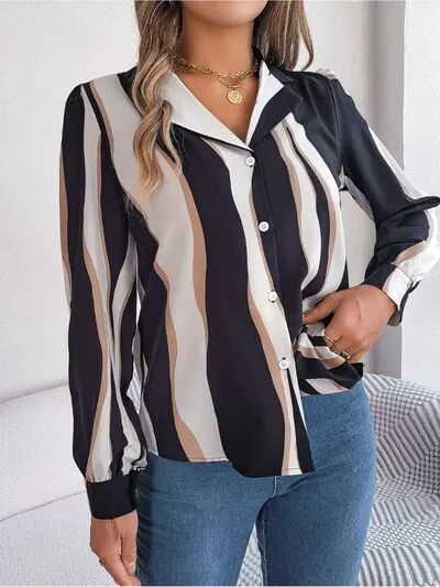 Striped Printed Button Up Long Sleeve Shirt