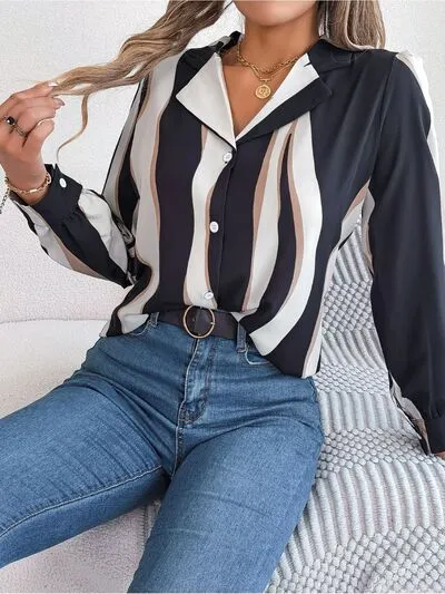 Striped Printed Button Up Long Sleeve Shirt