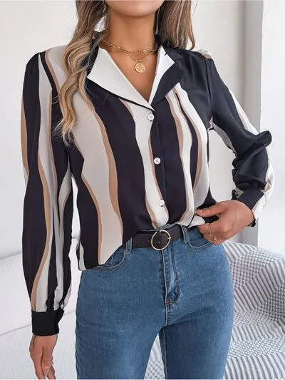 Striped Printed Button Up Long Sleeve Shirt