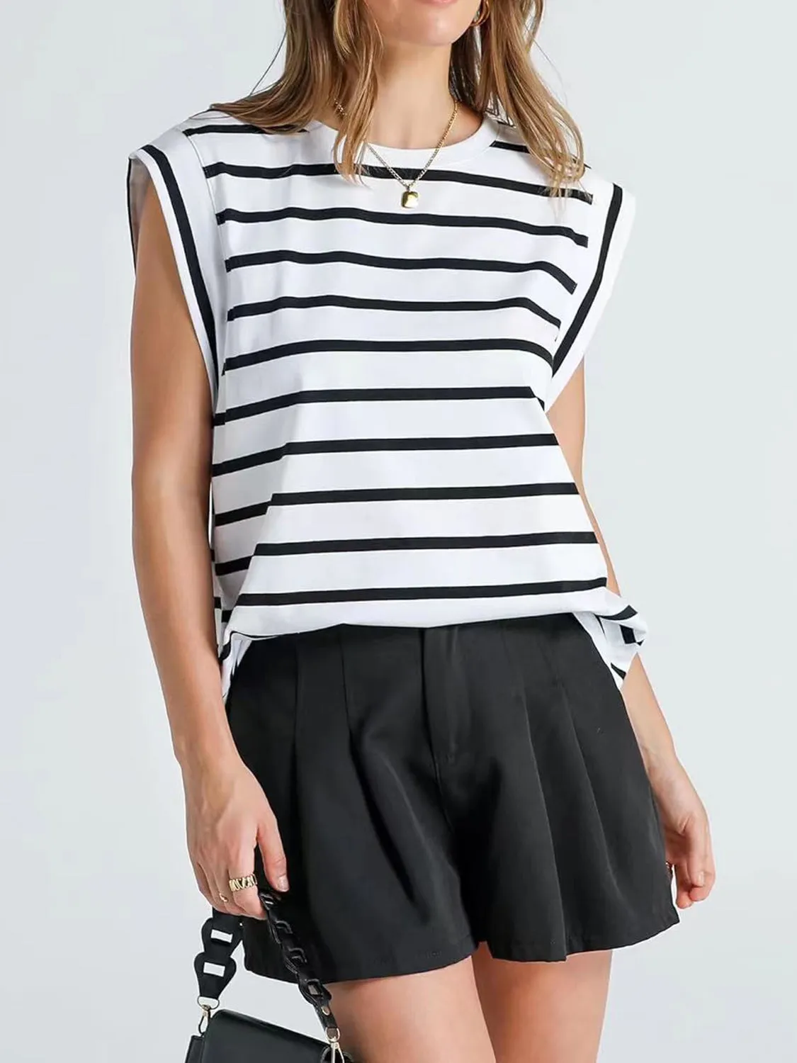 Striped Round Neck Cap Sleeve T-Shirt