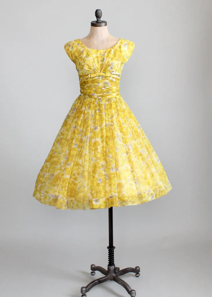 Vintage 1950s Yellow Floral Chiffon Party Dress