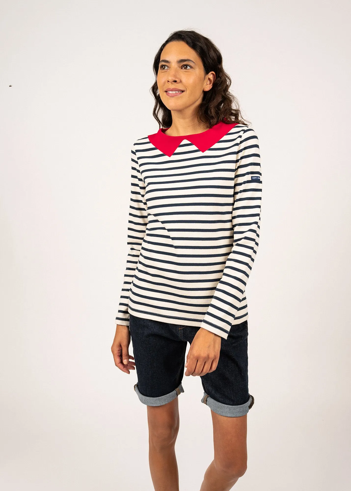 Vire sailor striped shirt with a contrasting collar - in thick cotton jersey (ECRU/MARINE/TULIPE)