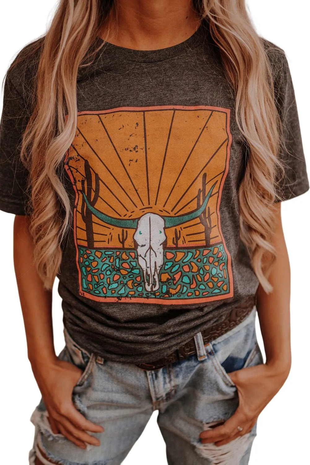 Western Steer Skull Graphic Crew Neck T Shirt