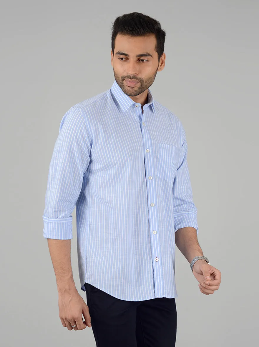 White and Blue Striped Slim Fit Casual Shirt | Greenfibre