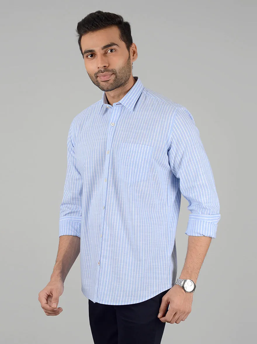 White and Blue Striped Slim Fit Casual Shirt | Greenfibre