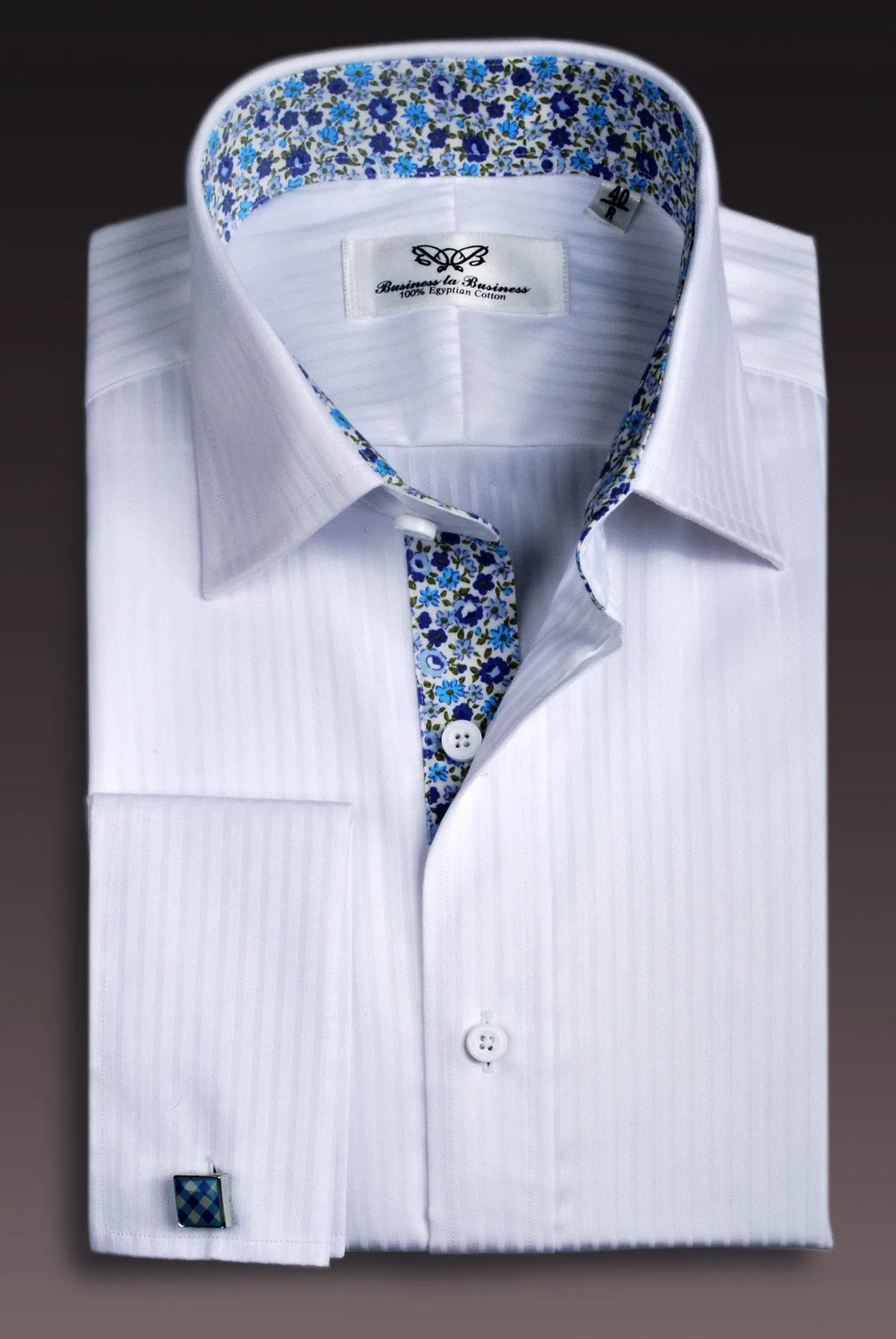 White Twill Herringbone Stripe Floral Formal Business Dress Shirt