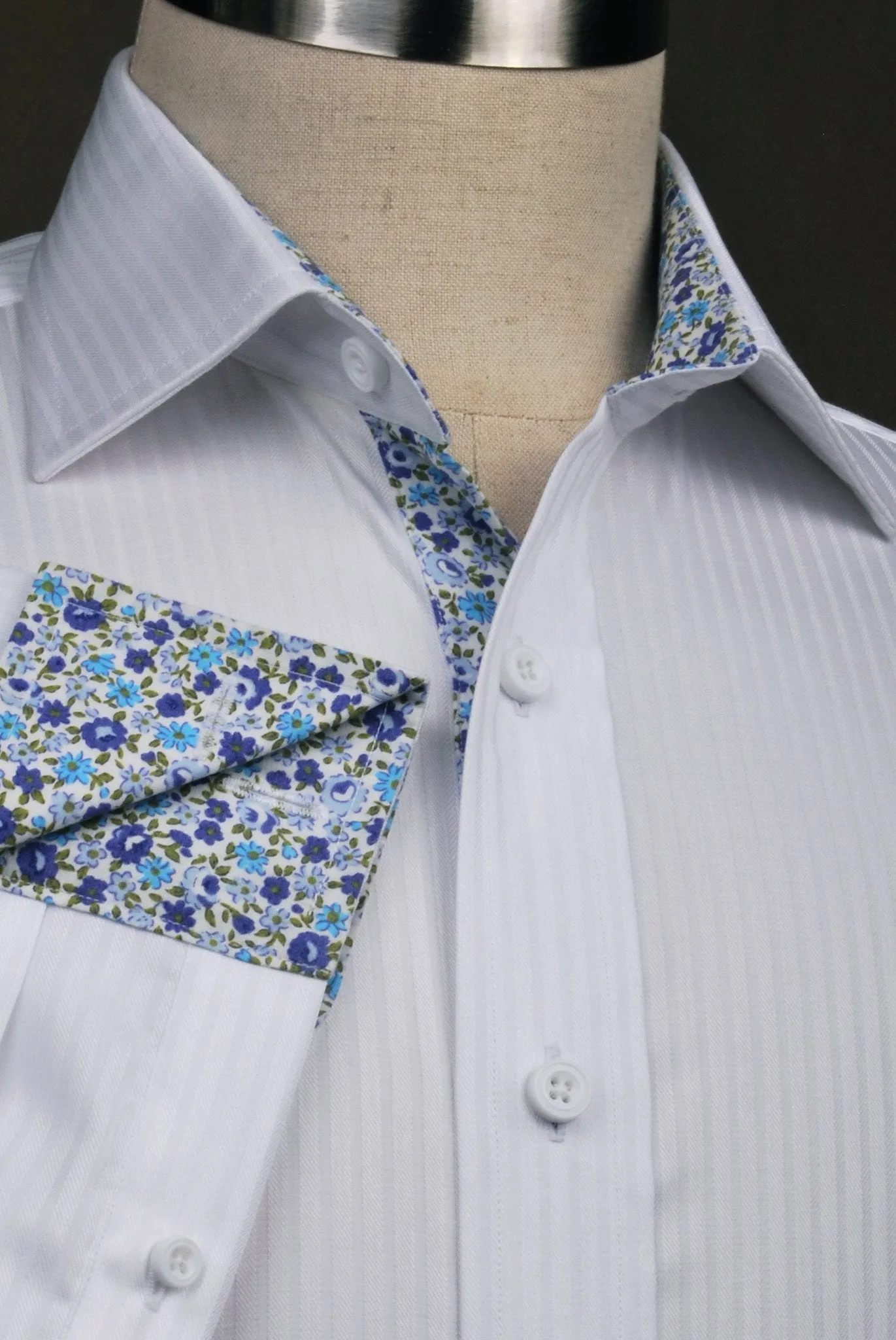 White Twill Herringbone Stripe Floral Formal Business Dress Shirt