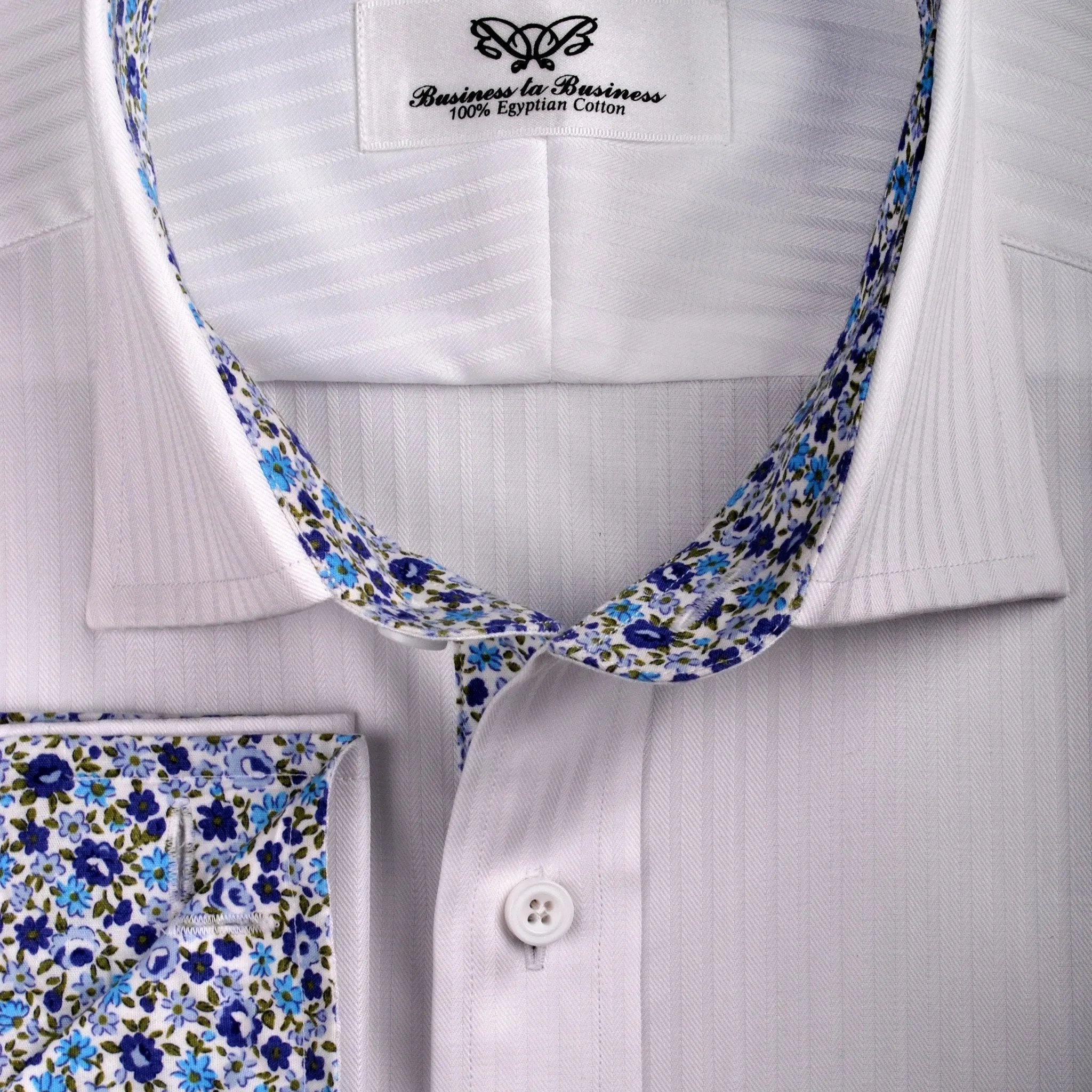 White Twill Herringbone Stripe Floral Formal Business Dress Shirt