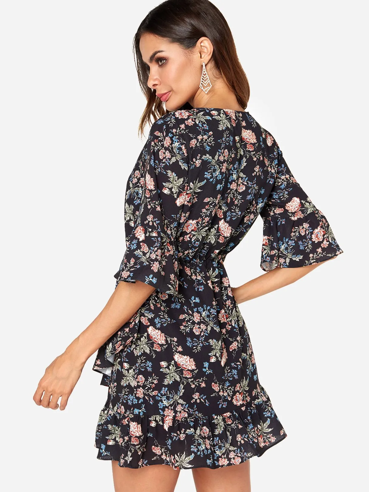 Wholesale Black V-Neck Crossed Collar Half Sleeve Floral Print Crossed Front Flounced Hem Dresses