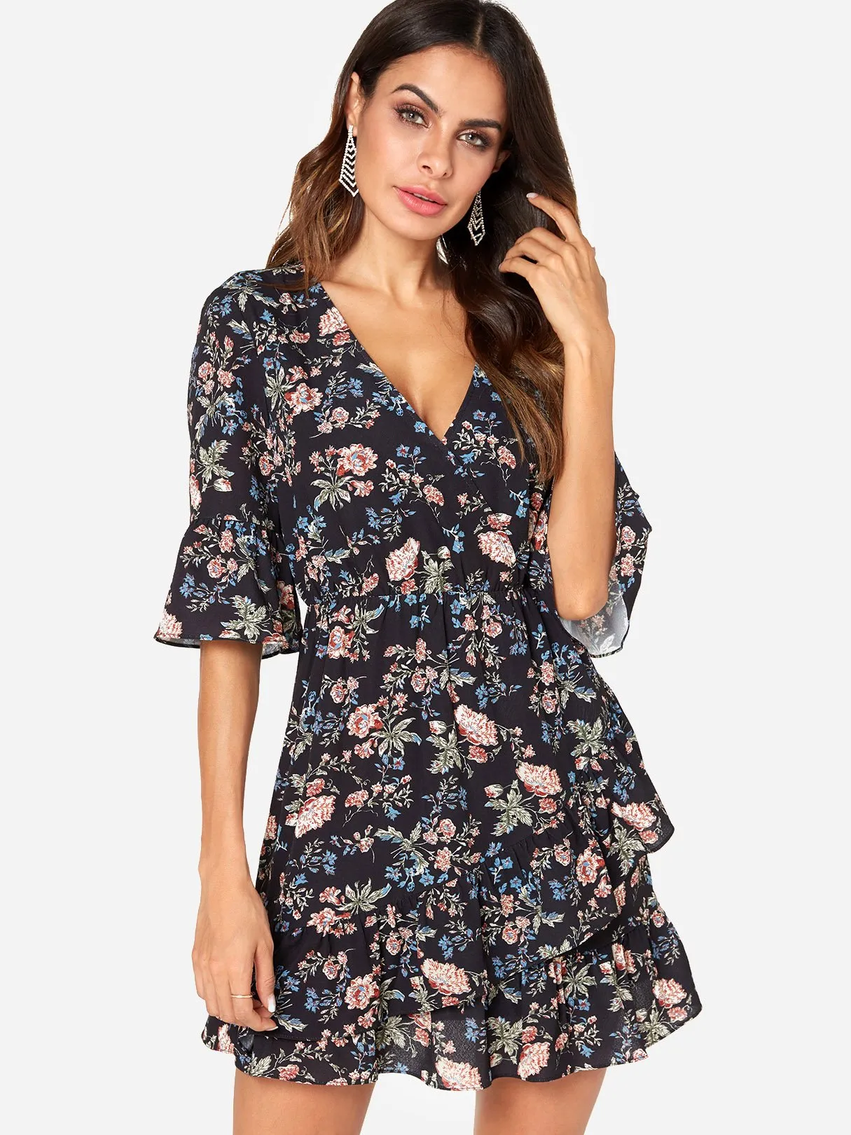 Wholesale Black V-Neck Crossed Collar Half Sleeve Floral Print Crossed Front Flounced Hem Dresses