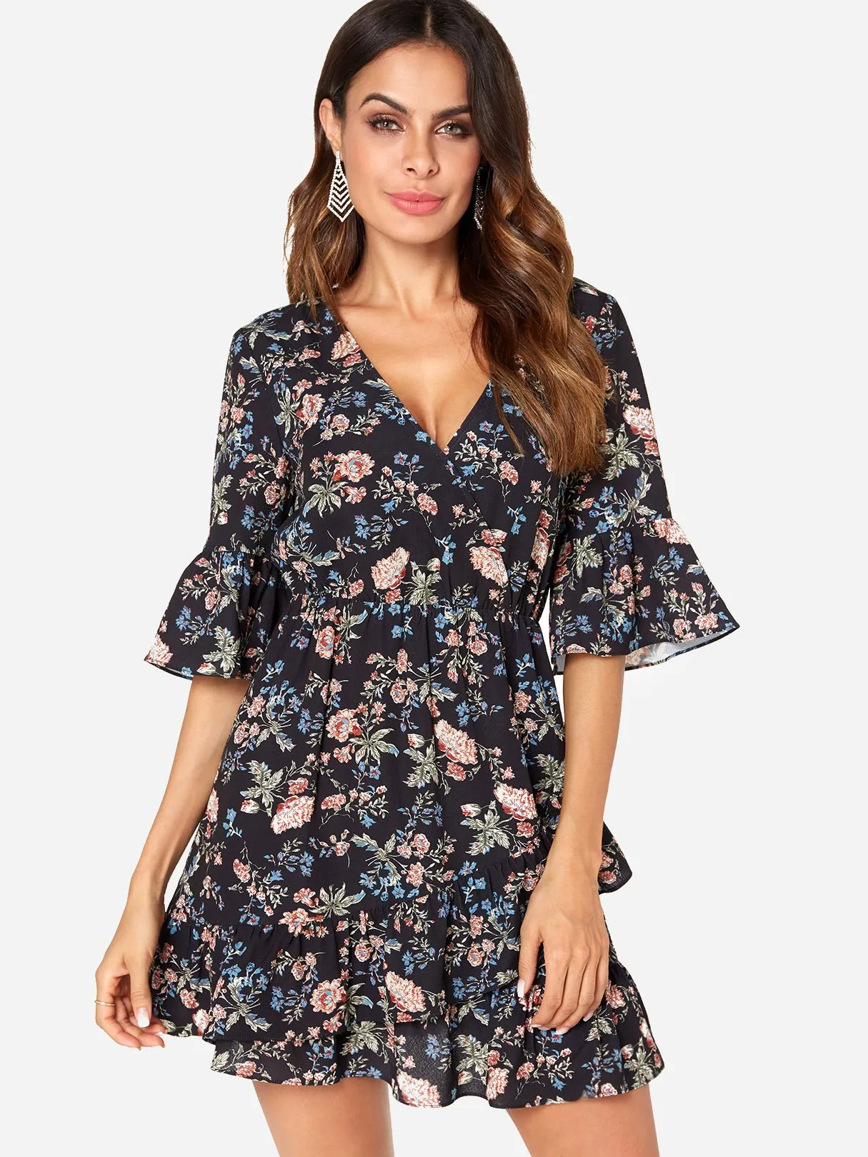 Wholesale Black V-Neck Crossed Collar Half Sleeve Floral Print Crossed Front Flounced Hem Dresses