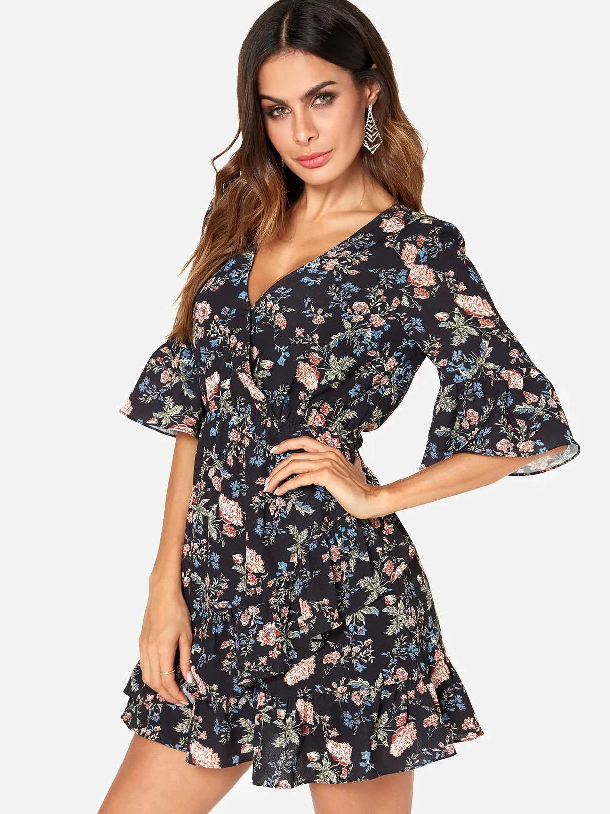 Wholesale Black V-Neck Crossed Collar Half Sleeve Floral Print Crossed Front Flounced Hem Dresses