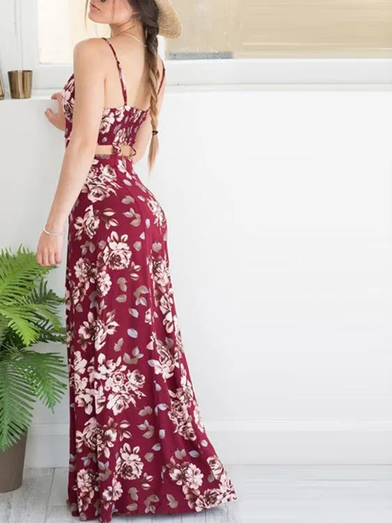 Wholesale Burgundy V-Neck Sleeveless Floral Print Cut Out Slit Hem Dresses