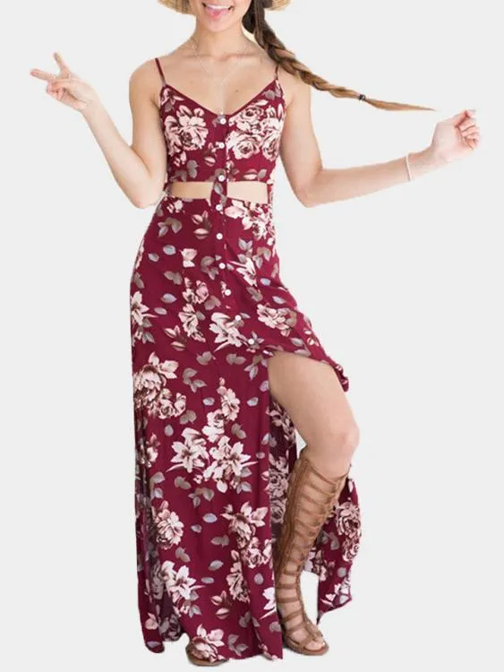 Wholesale Burgundy V-Neck Sleeveless Floral Print Cut Out Slit Hem Dresses