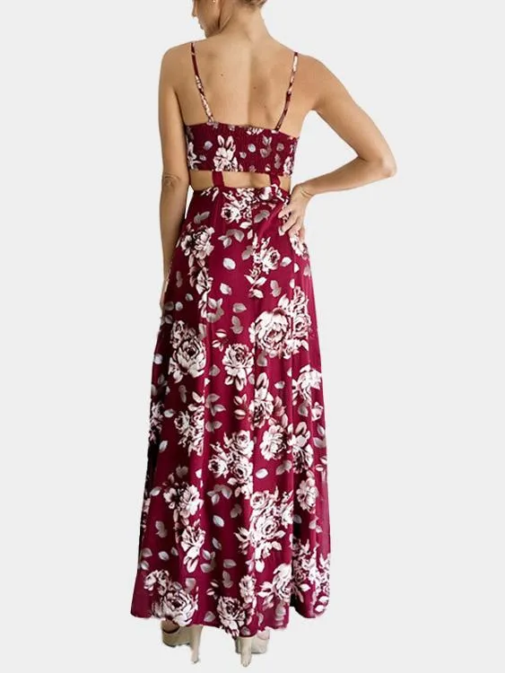 Wholesale Burgundy V-Neck Sleeveless Floral Print Cut Out Slit Hem Dresses