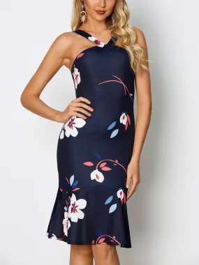 Wholesale Halter Sleeveless Floral Print Ruffle Hem Dresses