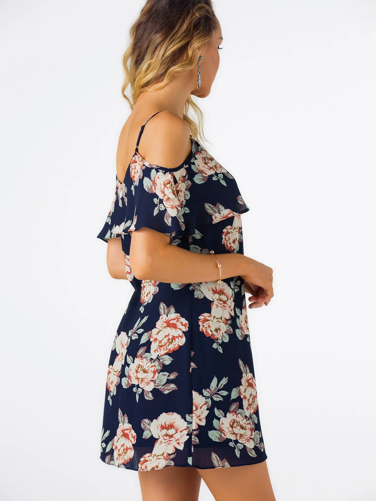 Wholesale Navy Cold Shoulder Sleeveless Floral Print Spaghetti Strap Dresses