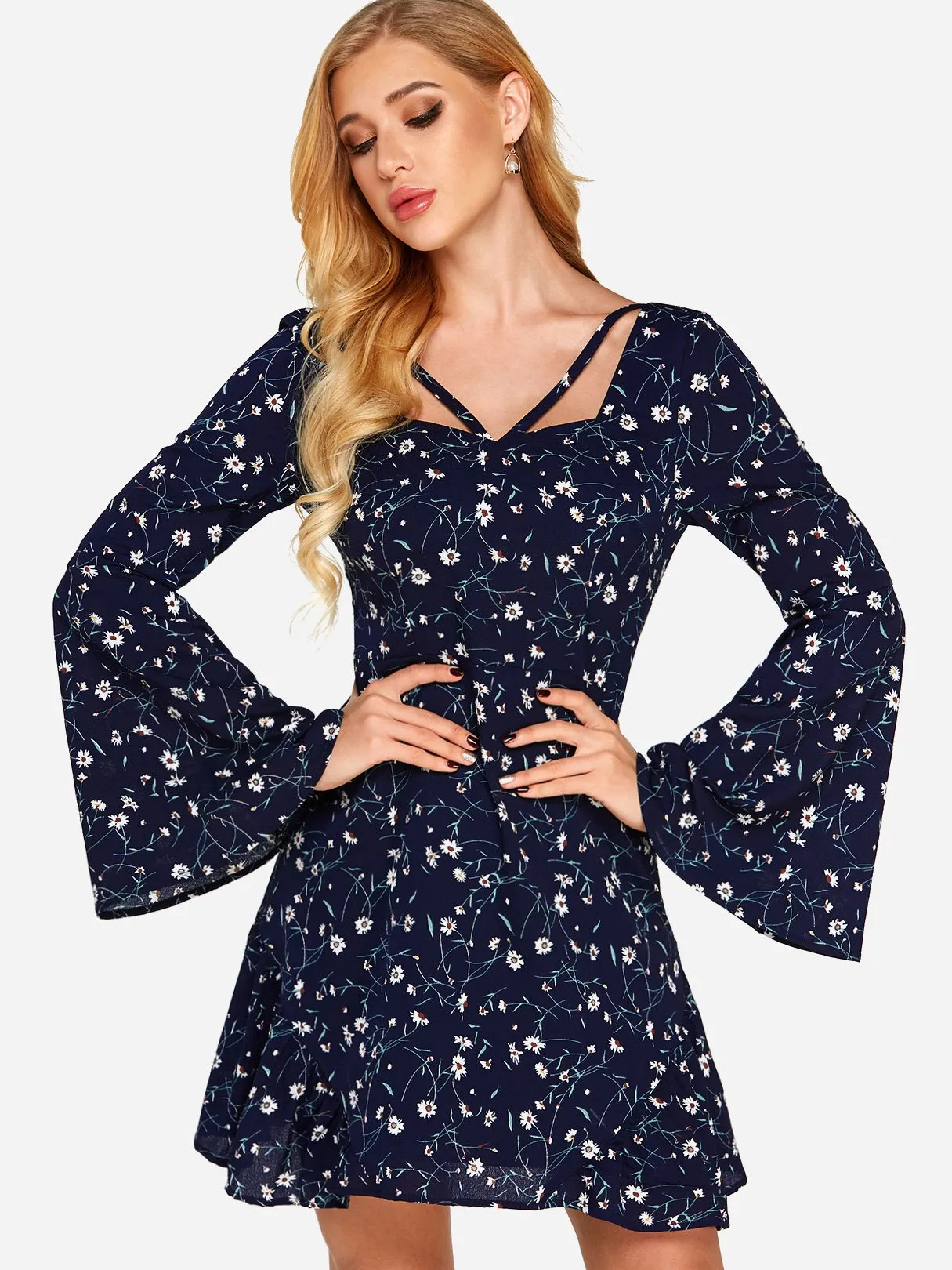 Wholesale Navy Square Neck Long Sleeve Floral Print Backless Lace-Up Criss-Cross Dresses