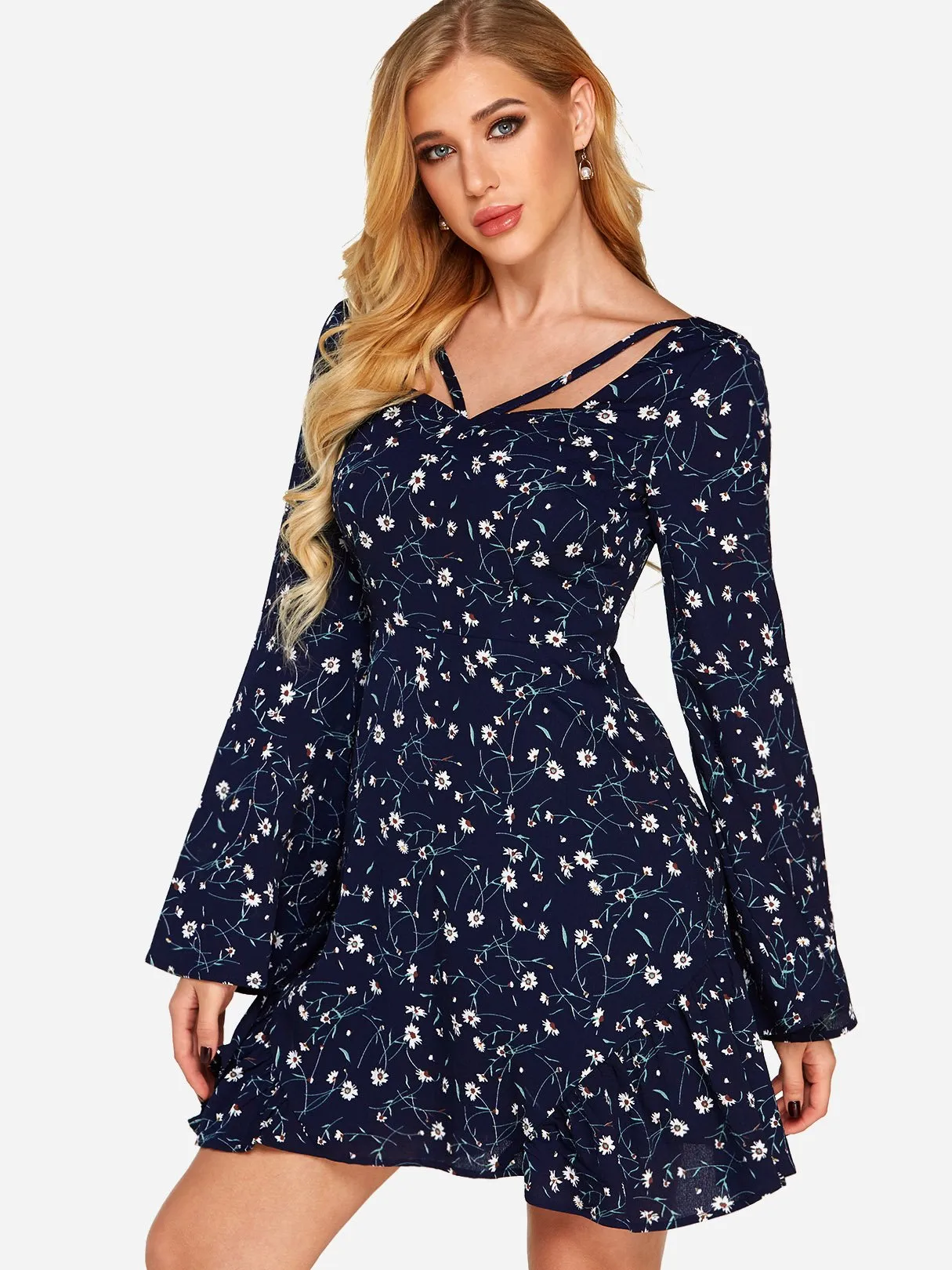 Wholesale Navy Square Neck Long Sleeve Floral Print Backless Lace-Up Criss-Cross Dresses