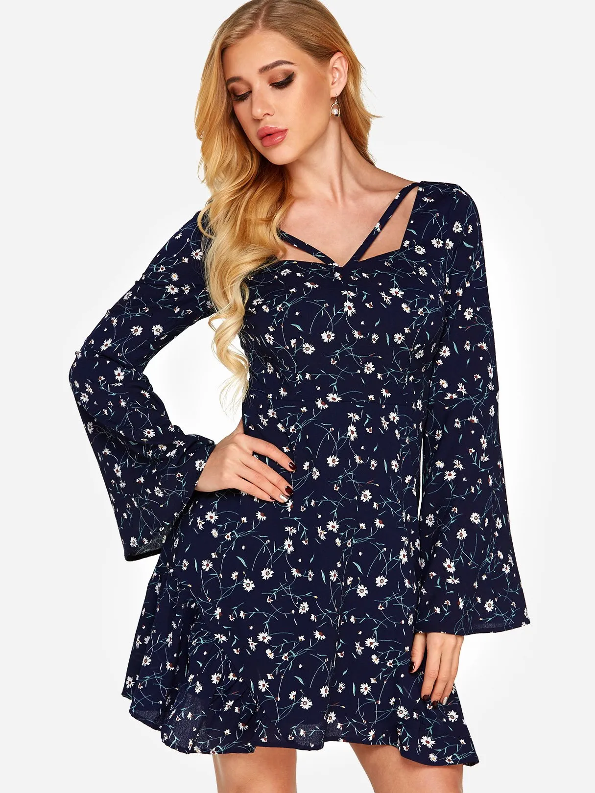 Wholesale Navy Square Neck Long Sleeve Floral Print Backless Lace-Up Criss-Cross Dresses