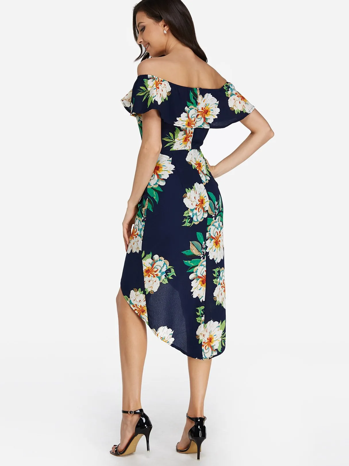 Wholesale Off The Shoulder Short Sleeve Floral Print Tiered Zip Back Backless Slit Hem Dresses