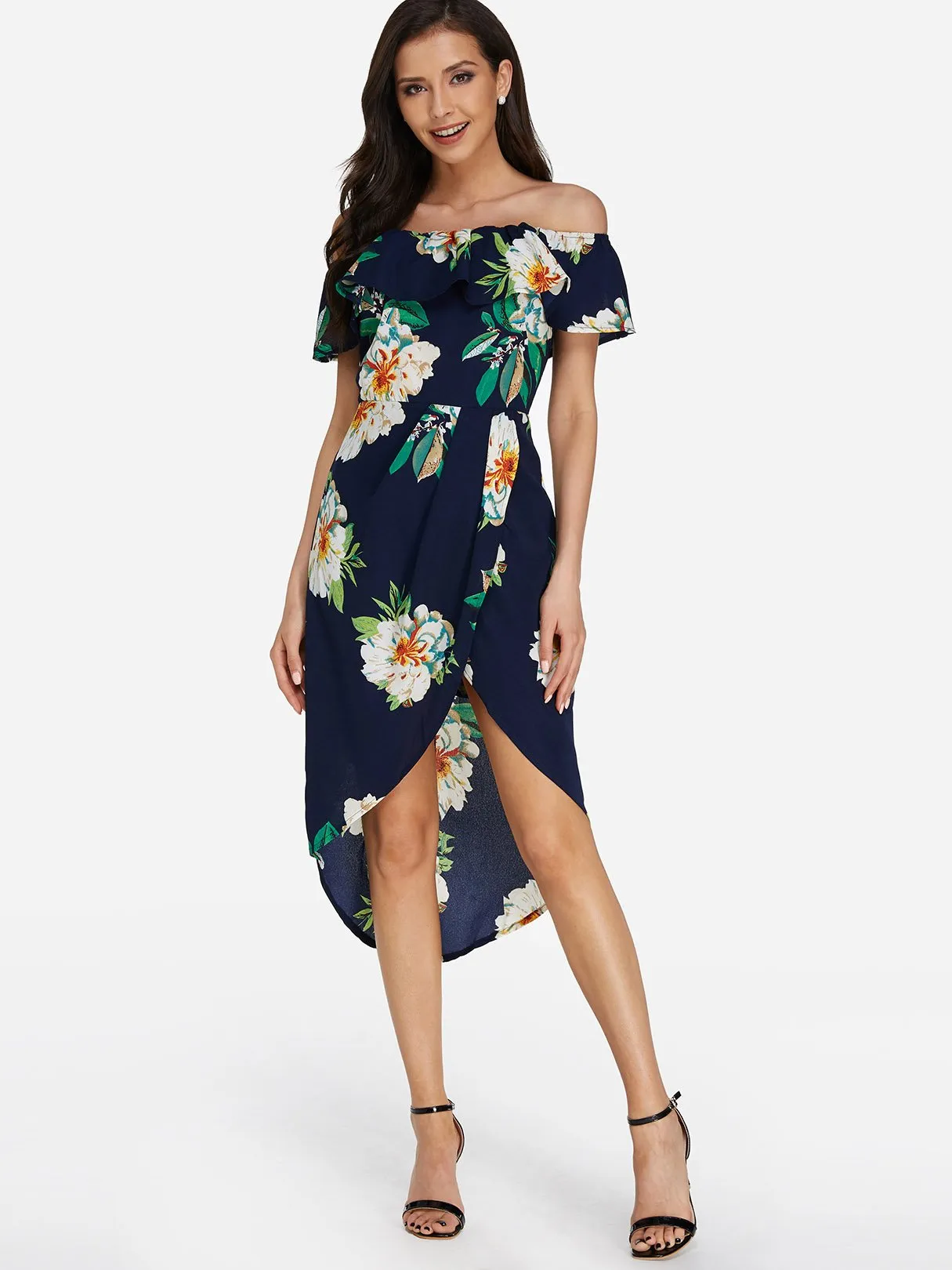 Wholesale Off The Shoulder Short Sleeve Floral Print Tiered Zip Back Backless Slit Hem Dresses