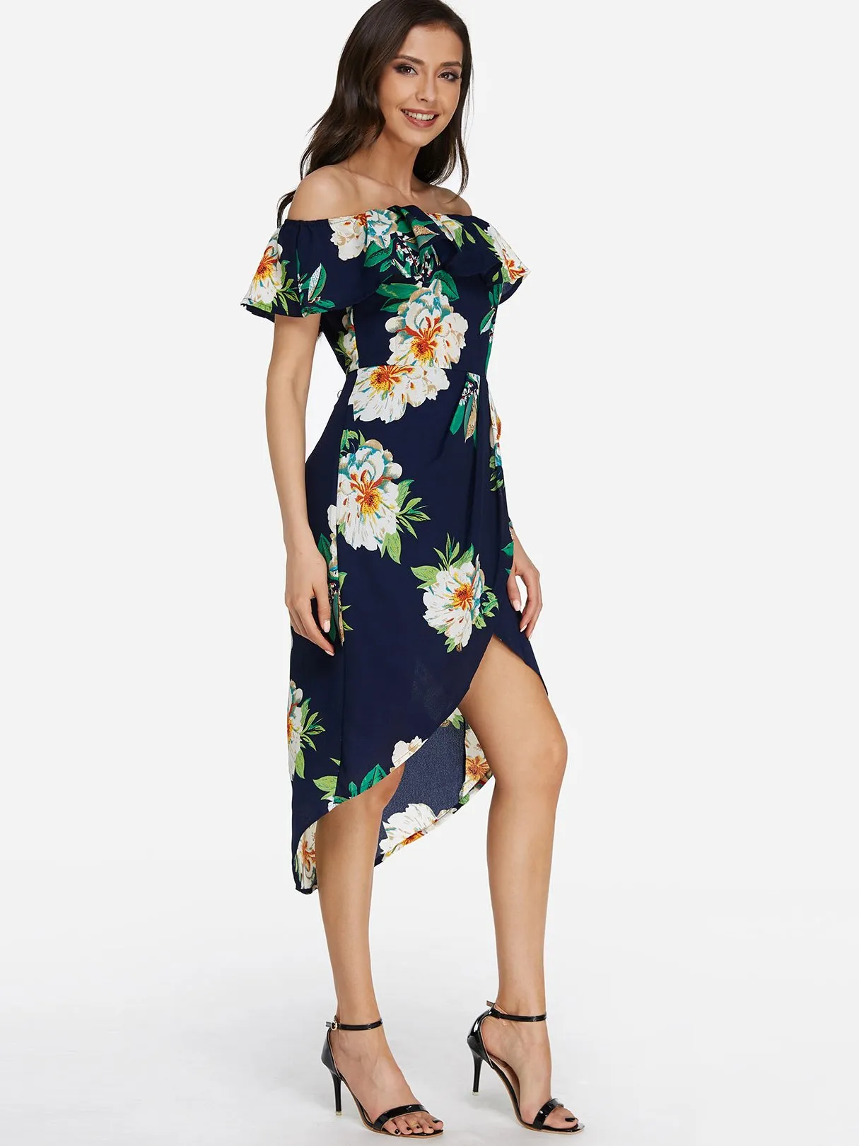 Wholesale Off The Shoulder Short Sleeve Floral Print Tiered Zip Back Backless Slit Hem Dresses