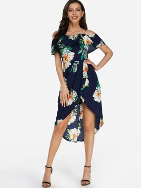 Wholesale Off The Shoulder Short Sleeve Floral Print Tiered Zip Back Backless Slit Hem Dresses