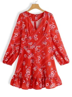 Wholesale Red V-Neck Long Sleeve Floral Print Ruffle Hem Dresses