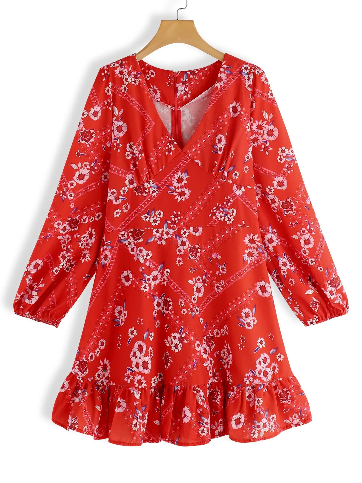 Wholesale Red V-Neck Long Sleeve Floral Print Ruffle Hem Dresses