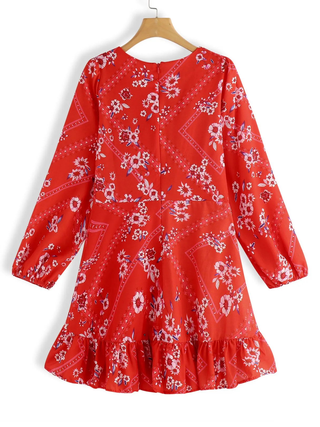 Wholesale Red V-Neck Long Sleeve Floral Print Ruffle Hem Dresses