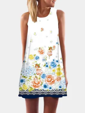 Wholesale Round Neck Random Floral Calico Print Sleeveless Dresses