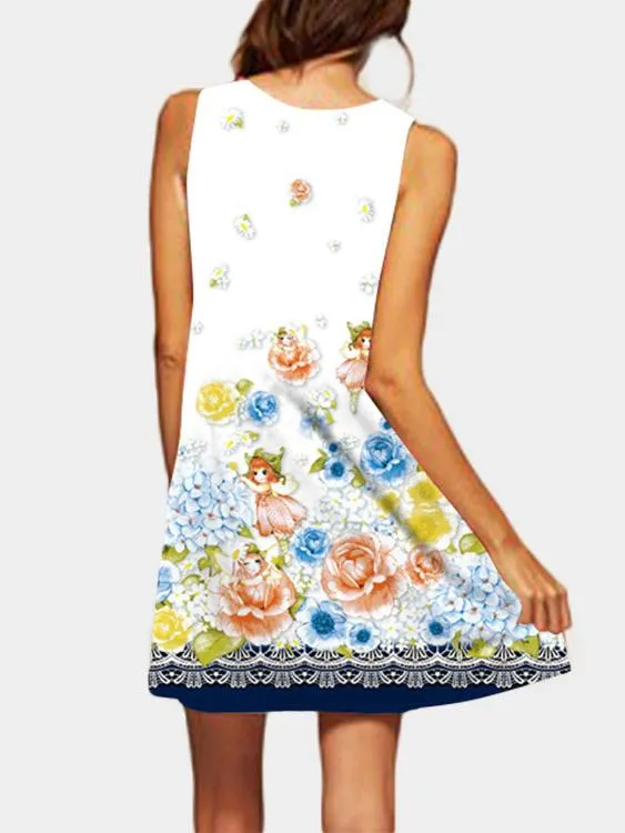 Wholesale Round Neck Random Floral Calico Print Sleeveless Dresses