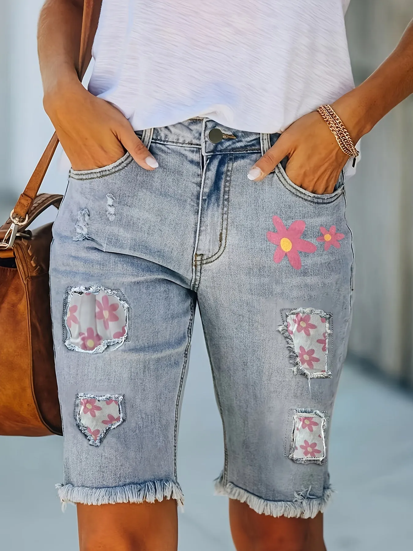 Womens Elegant Bermuda Denim Shorts - Cherry Blossom Floral Print, Raw Hem, Medium Stretch, Machine Washable, Distressed Ripped Style with Pocket Detail for Spring/Summer - Woven, Random Print, No Sheer